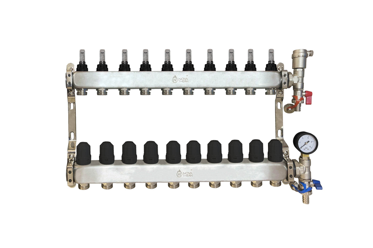NovaTherm 10 Port Dualmix Stainless Steel Manifold Assembly inc Pressure Gauge and Air Vent