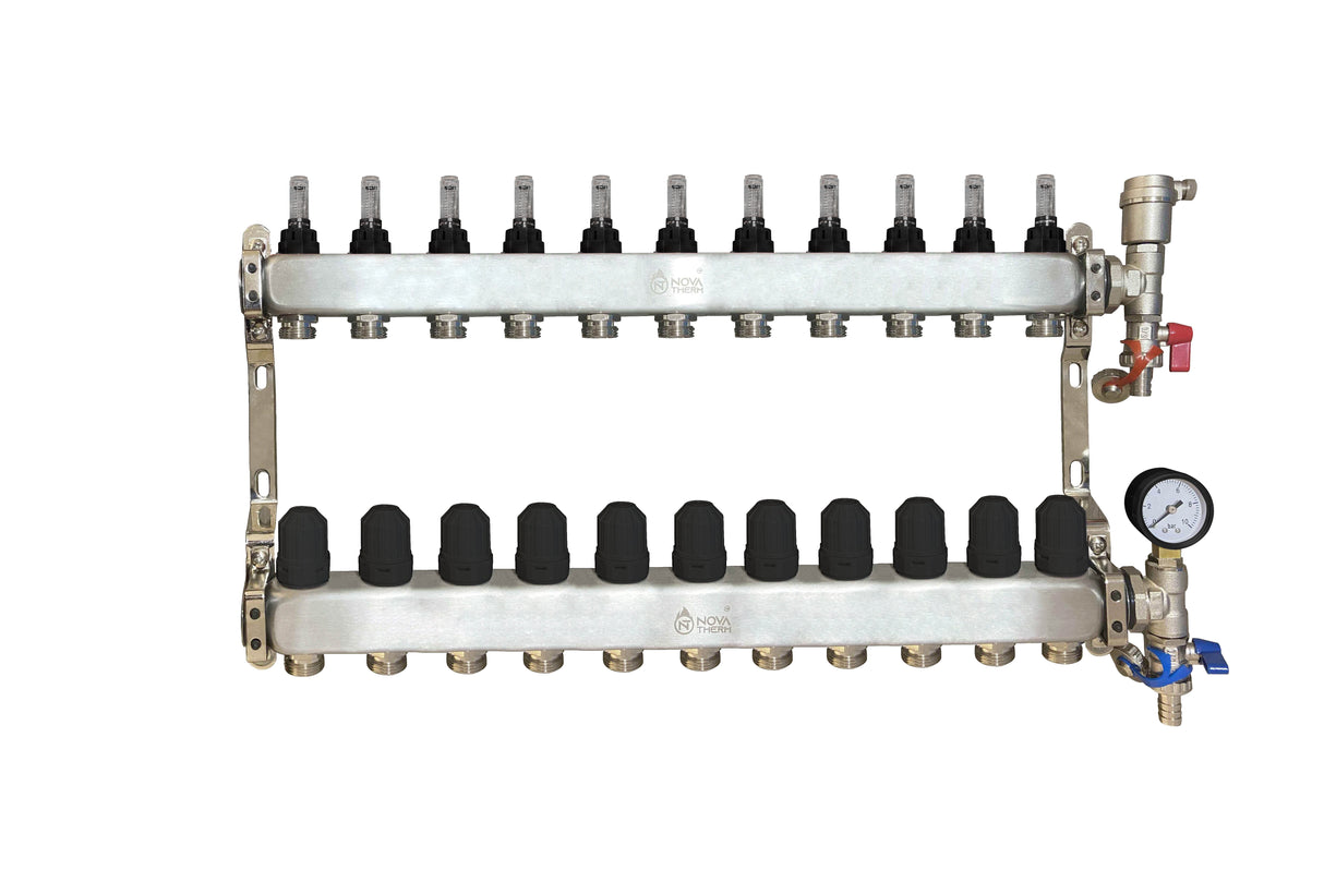 NovaTherm 11 Port Dualmix Stainless Steel Manifold Assembly inc Pressure Gauge and Air Vent