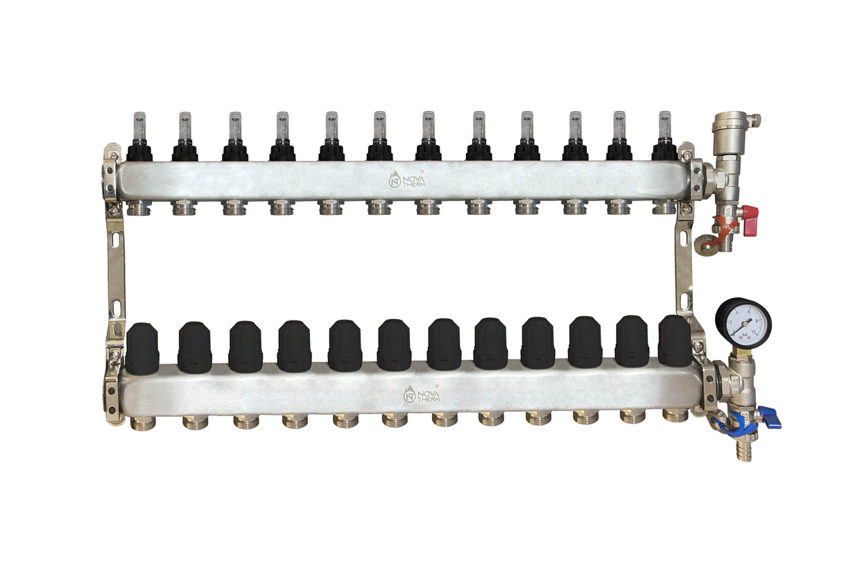 NovaTherm 12 Port Dualmix Stainless Steel Manifold Assembly inc Pressure Gauge and Air Vent