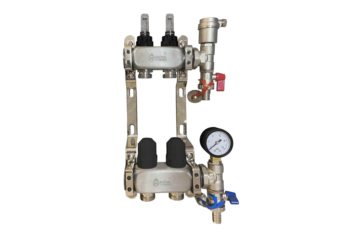 NovaTherm 2 Port Dualmix Manifold Assembly Stainless Steel inc Pressure Gauge and Air Vent