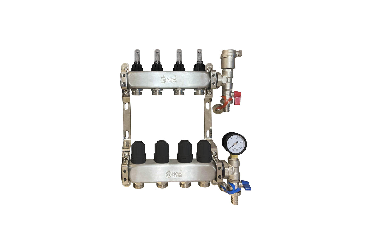 NovaTherm 4 Port Dualmix Stainless Steel Manifold Assembly inc Pressure Gauge and Air Vent