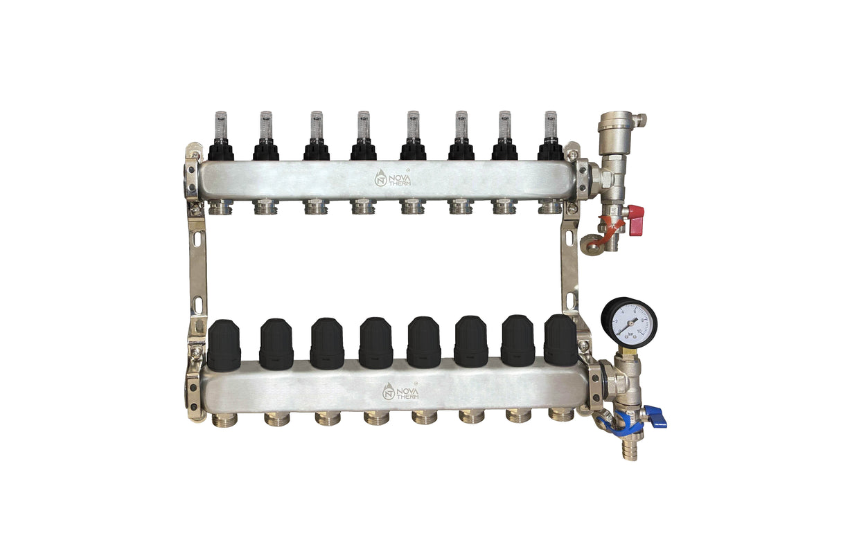 NovaTherm 8 Port Dualmix Stainless Steel Manifold Assembly inc Pressure Gauge and Air Vent