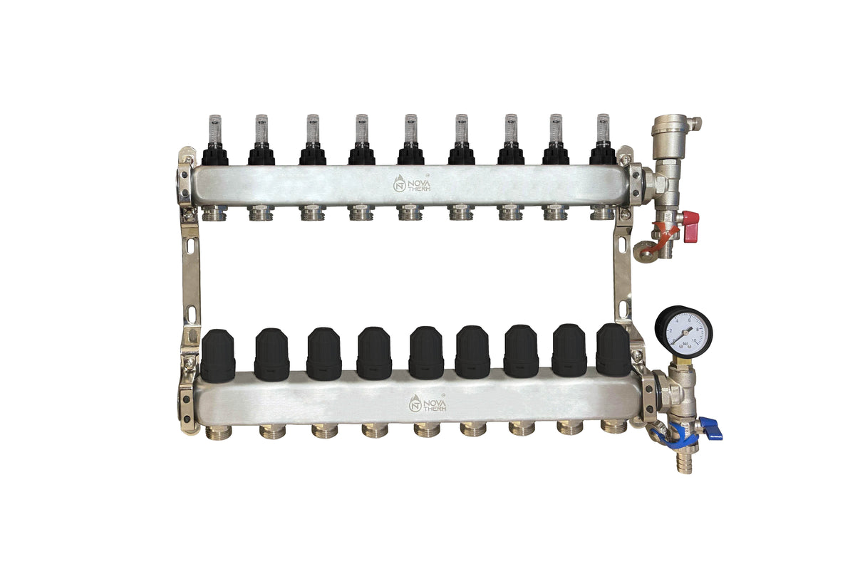 NovaTherm 9 Port Dualmix Stainless Steel Manifold Assembly inc Pressure Gauge and Air Vent