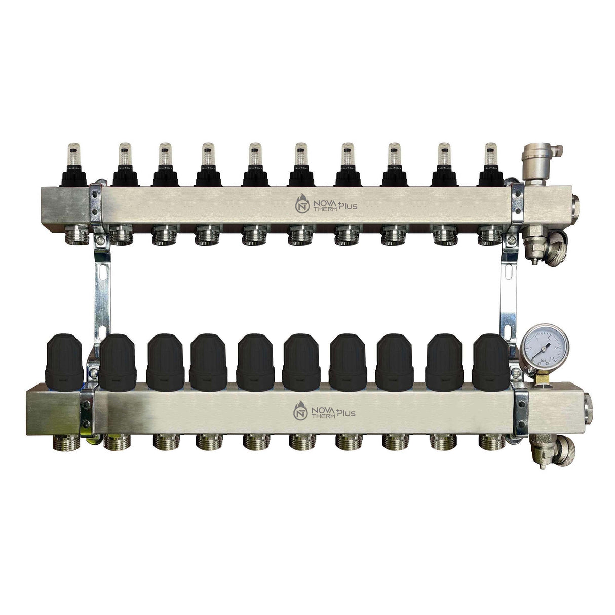 NovaTherm Plus 10 Port Dualmix Premium Auto Balancing Stainless Steel Manifold Assembly inc Pressure Gauge and Air Vent