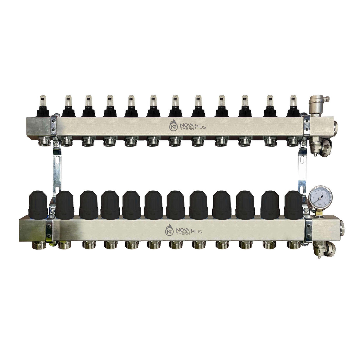 NovaTherm Plus 12 Port Dualmix Premium Auto Balancing Stainless Steel Manifold Assembly inc Pressure Gauge and Air Vent
