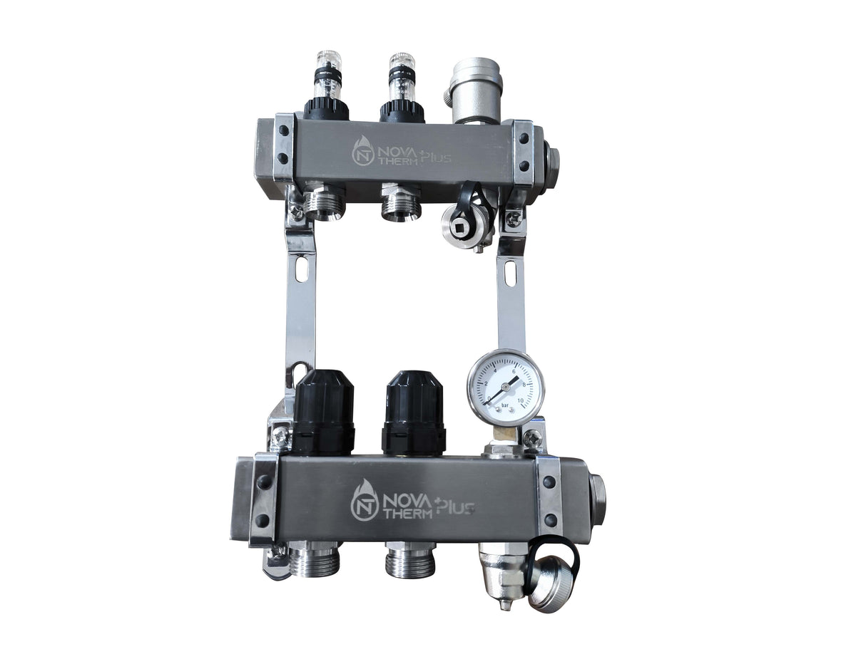 NovaTherm Plus 2 Port Dualmix Premium Auto Balancing Manifold Assembly Stainless Steel inc Pressure Gauge and Air Vent
