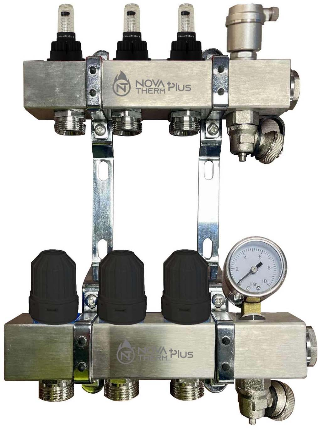 NovaTherm Plus 3 Port Dualmix Premium Auto Balancing Stainless Steel Manifold Assembly inc Pressure Gauge and Air Vent