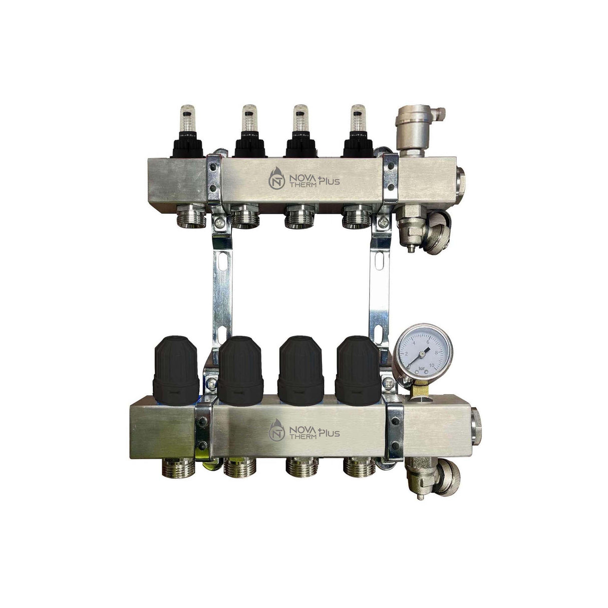 NovaTherm Plus 4 Port Dualmix Premium Auto Balancing Stainless Steel Manifold Assembly inc Pressure Gauge and Air Vent