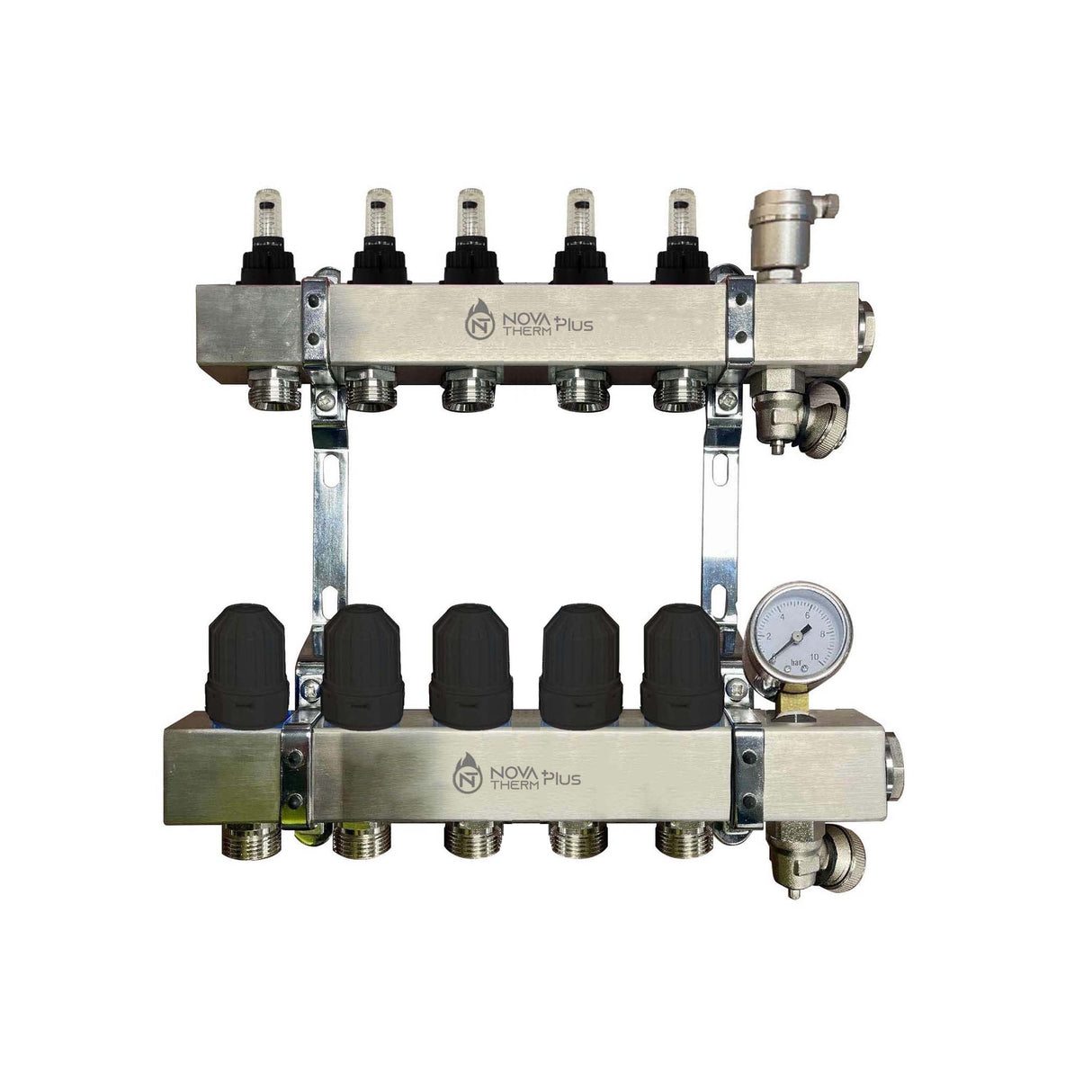 NovaTherm Plus 5 Port Dualmix Premium Auto Balancing Stainless Steel Manifold Assembly inc Pressure Gauge and Air Vent