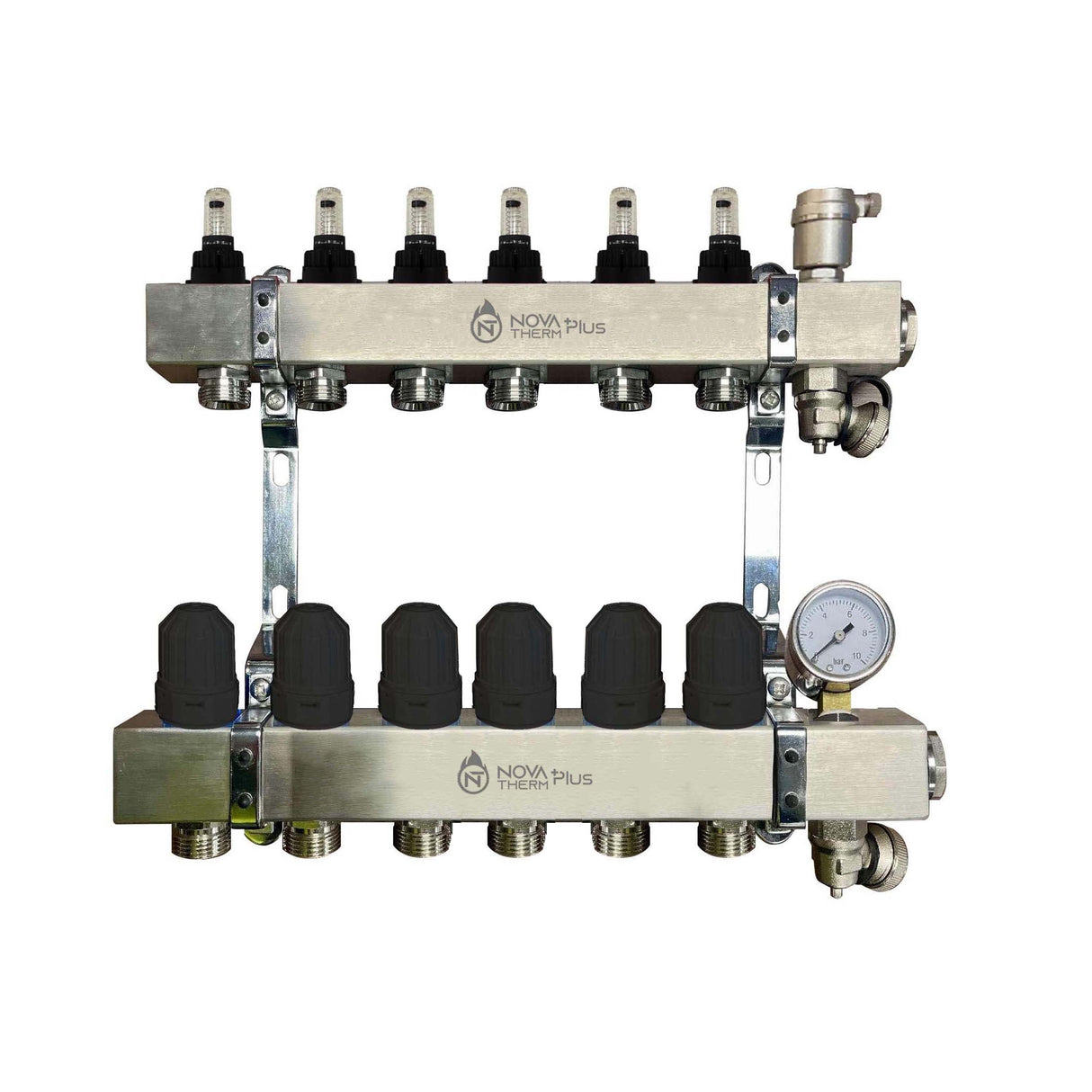 NovaTherm Plus 6 Port Dualmix Premium Auto Balancing Stainless Steel Manifold Assembly inc Pressure Gauge and Air Vent