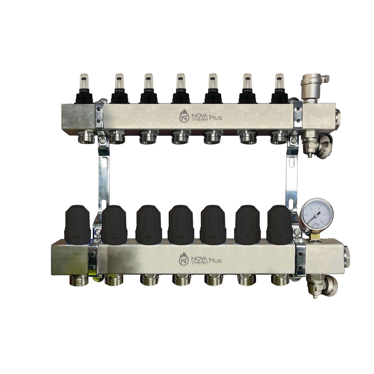NovaTherm Plus 7 Port Dualmix Premium Auto Balancing Stainless Steel Manifold Assembly inc Pressure Gauge and Air Vent