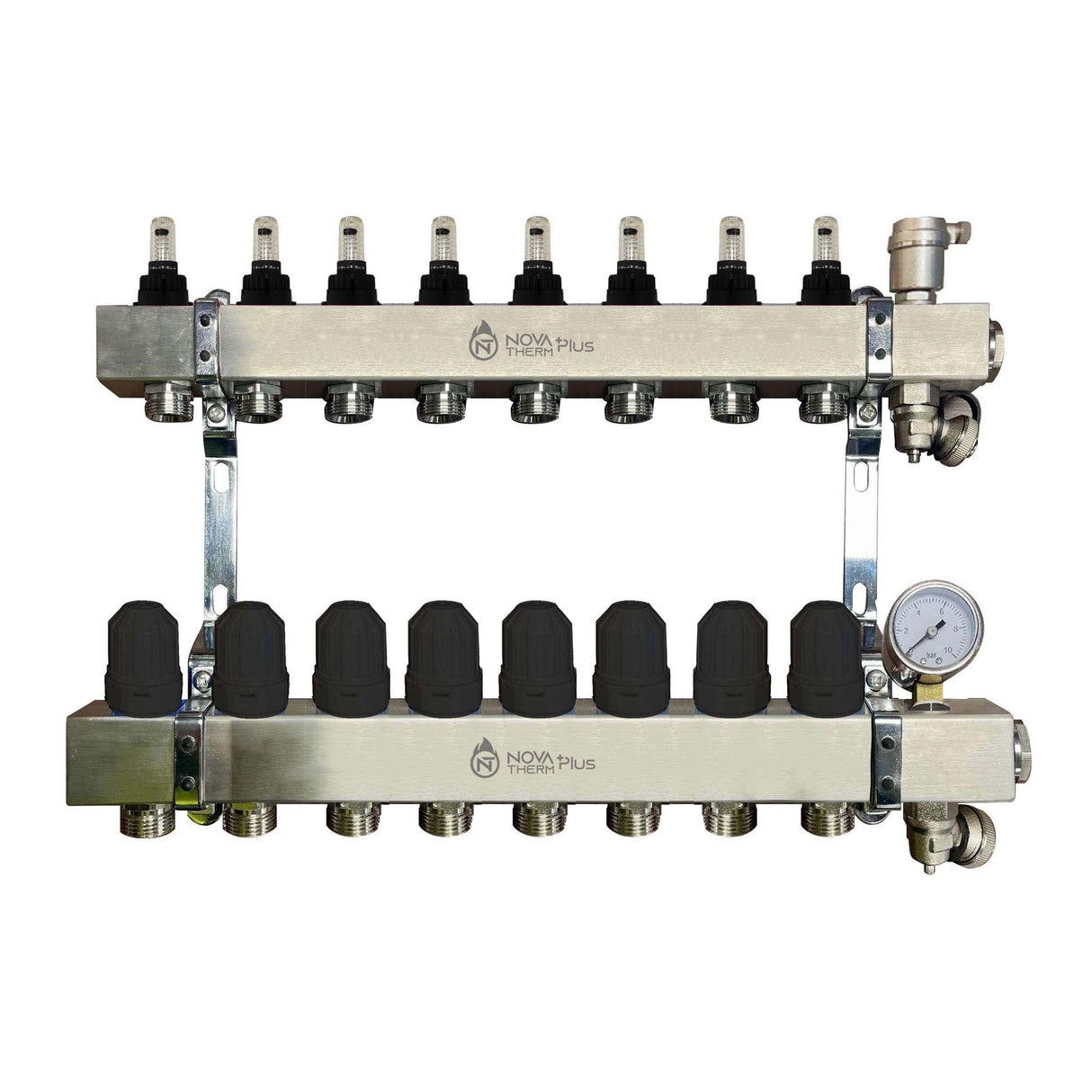 NovaTherm Plus 8 Port Dualmix Premium Auto Balancing Stainless Steel Manifold Assembly inc Pressure Gauge and Air Vent