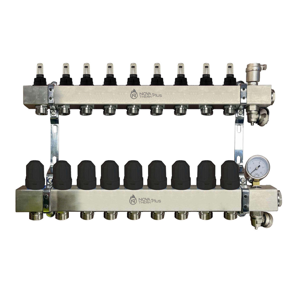 NovaTherm Plus 9 Port Dualmix Premium Auto Balancing Stainless Steel Manifold Assembly inc Pressure Gauge and Air Vent