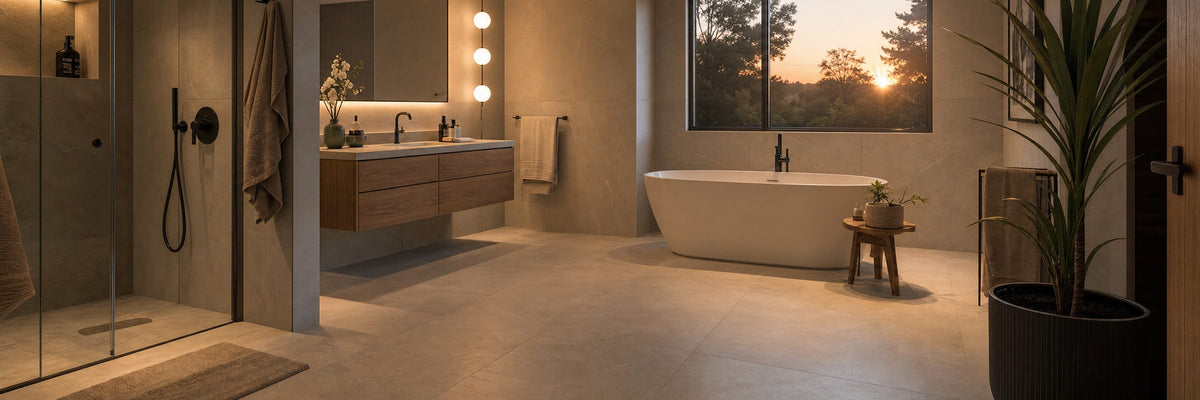 Modern tiled bathroom in warm evening light