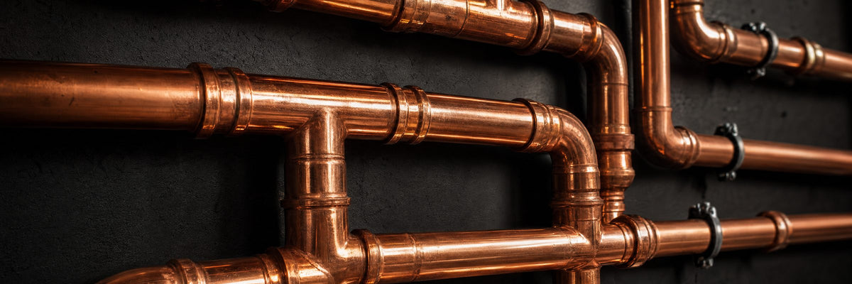 Copper press-fit pipework on a dark wall